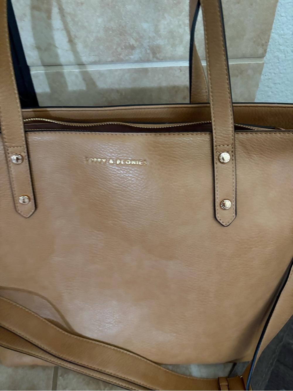 Poppy & Peonies Caramel Tan Leather Tote with Shoulder Strap - Picture 2 of 4